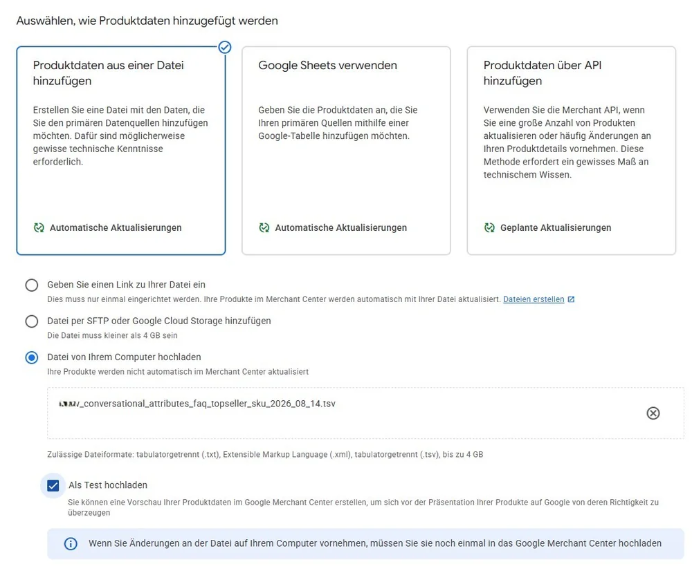 Merchant Center: Upload-Dialog der zusätzlichen Datenquelle mit TSV-Datei und aktiviertem Haken Als Test hochladen