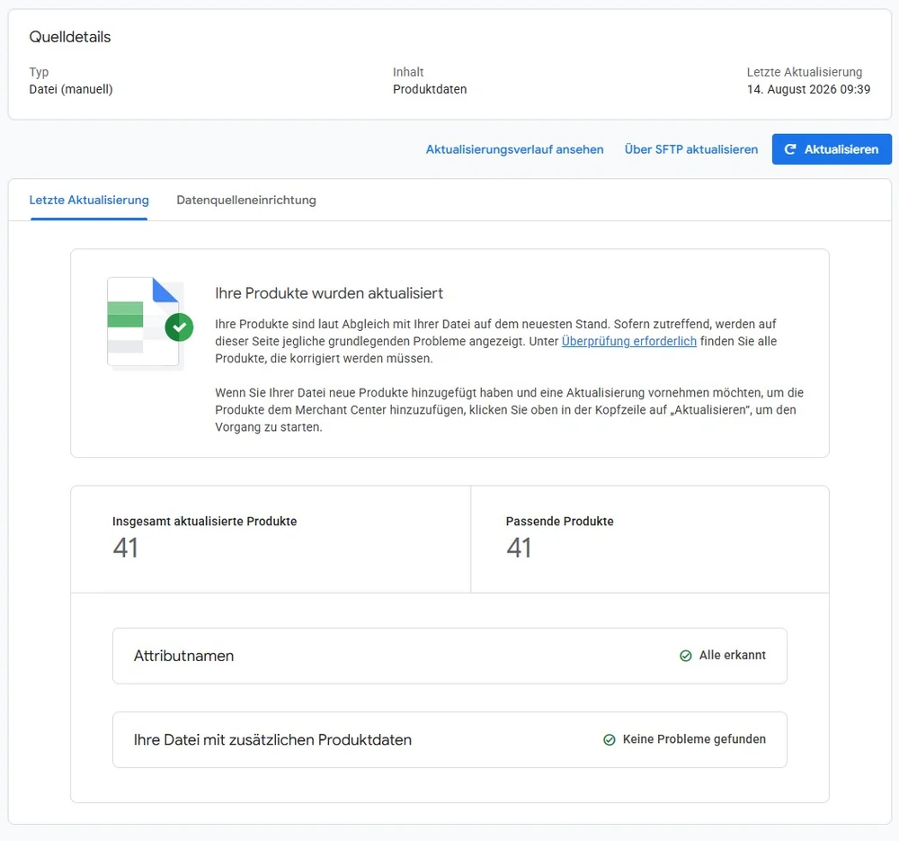 Merchant Center: Quelldetails der Zusatzquelle, 41 von 41 Produkten aktualisiert, alle Attributnamen erkannt, keine Probleme