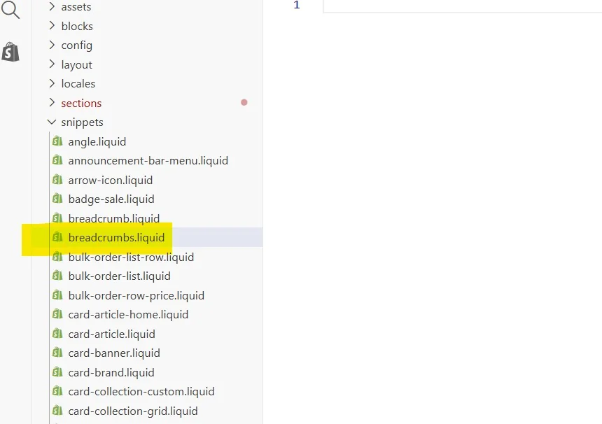 Snippet-Liste im Shopify-Code-Editor: das theme-eigene breadcrumb.liquid steht direkt über dem neu angelegten, markierten breadcrumbs.liquid