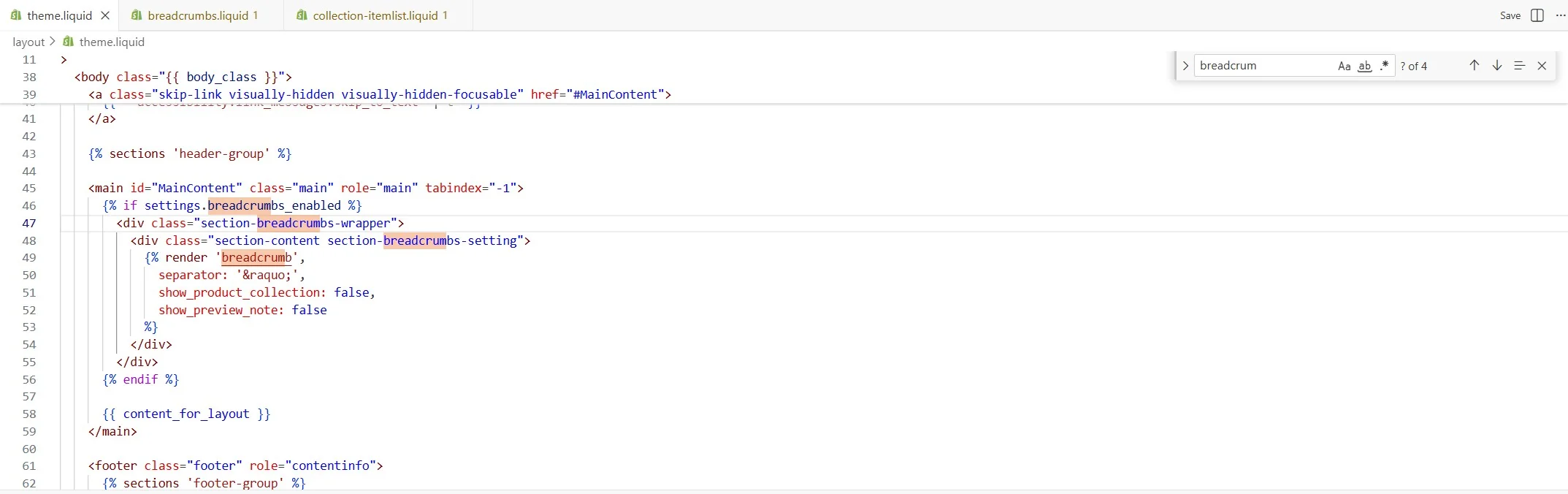 theme.liquid im Shopify-Code-Editor: Die Suche nach breadcrumb findet einen Render-Block hinter der Bedingung settings.breadcrumbs_enabled, direkt vor content_for_layout