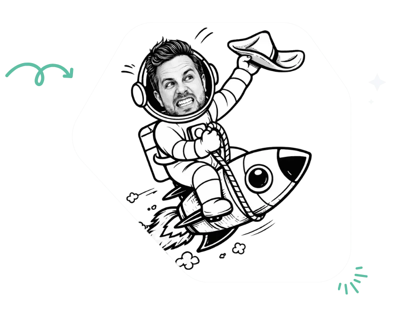 Illustration: Oliver Dahm als Astronaut auf einer Rakete Richtung Wachstum